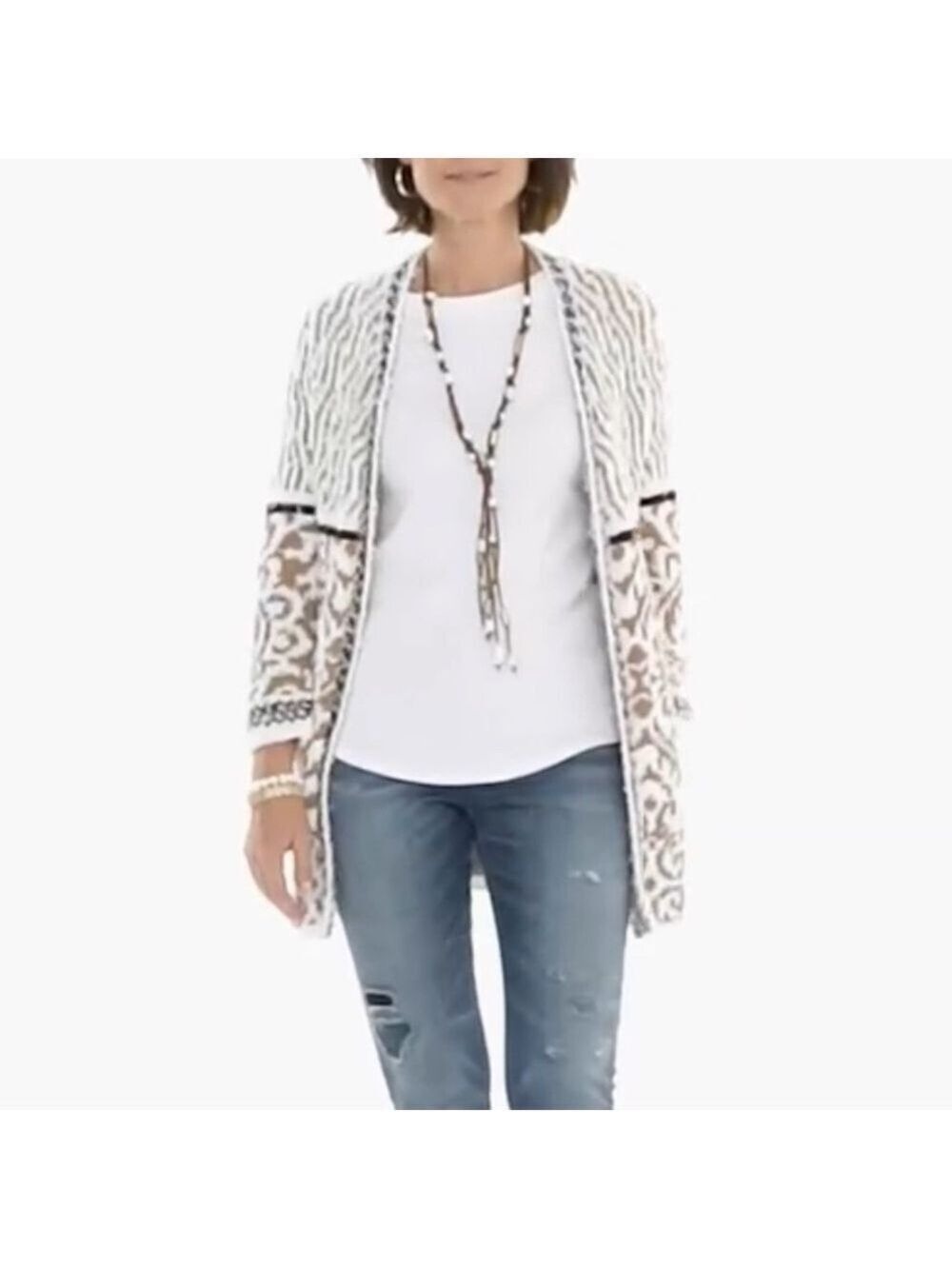 CHICOS Pattern Mix Audrey Open Front Oversized Cardigan Eyelash 3/4 Sleeves XL - Picture 4 of 8